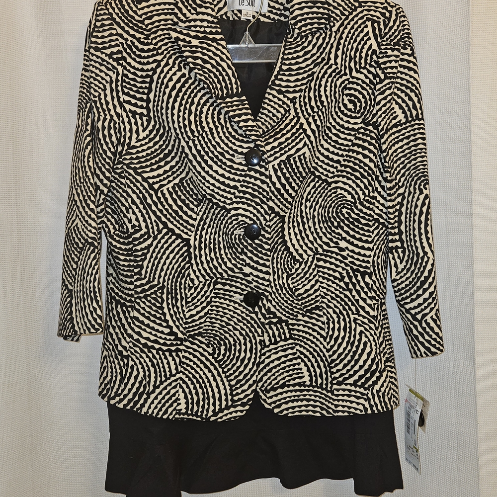 VTG Le Suit Jacket & Skirt Set 3/4 Sleeve 14 Geometric Black Beige NWT AA37